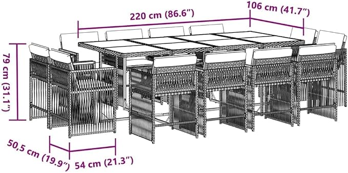 13 Piece Patio Dining Set, 12 Person Outdoor Rattan Furniture Set with Large Tempered Glass Table and Cushioned Chairs for Backyard Garden Deck, Black and Cream White