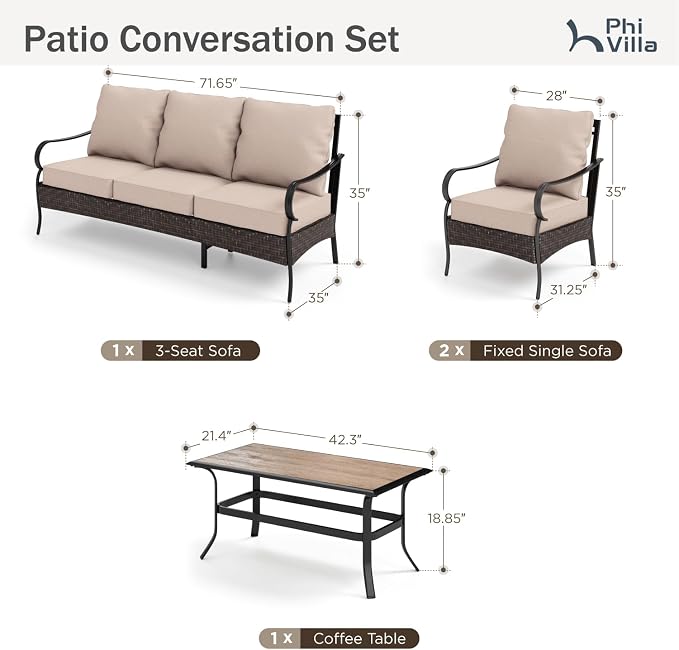 PHI VILLA Outdoor Patio Furniture Set,Premium Rattan Wicker Metal Patio Conversation Sets for Backyard w/Coffee Table, Seat Cushions