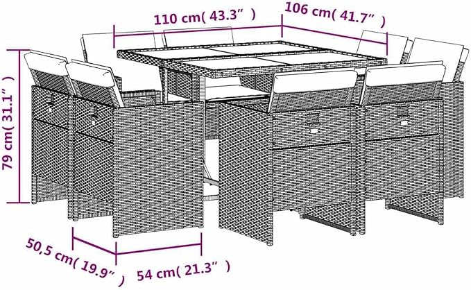 9-Piece Outdoor Garden Dining Set Black Brown Cream White with Cushions, UV-Resistant Poly Rattan Acacia Wood Patio Dining Furniture for 8 Adults, Foldable Stackable Chairs Removable Cushion Covers