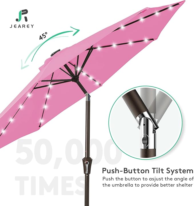 JEAREY 9FT Outdoor Patio Umbrella with Solar Lights, LED Lighted Pool Umbrella with Tilt and Crank, Outdoor Table Umbrellas for Deck, Yard & Market (Rose Pink)