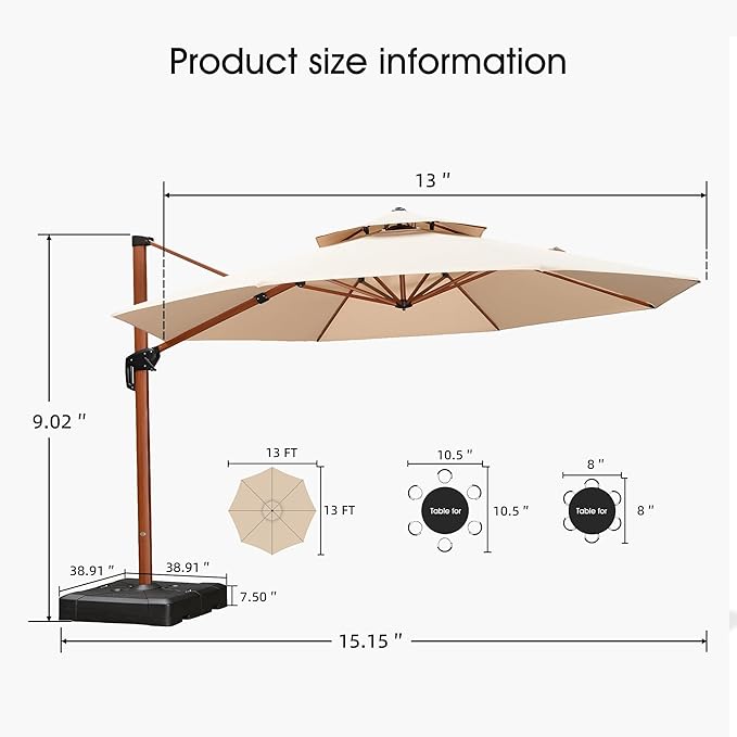 PURPLE LEAF Cantilever Umbrella with Base Outdoor Round Umbrellas Large Cantilever Umbrella Windproof Offset Heavy Duty Sun Umbrellas for Garden Deck Pool Patio, 13ft Beige