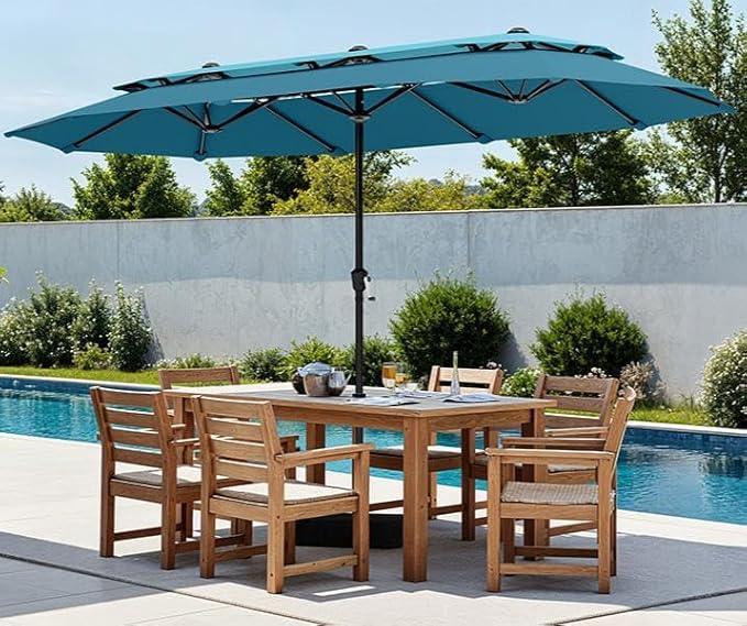 PHI VILLA 13ft Large Patio Umbrellas with Base Included, 2-Tier Double-Sided Outdoor Market Rectangle Umbrella for Outside, Blue & Cerulean