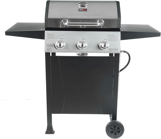 Grill Boss 3 Burner Propane Gas Grill, Portable BBQ w/Lid, Wheels & Side Shelves, Black - Grilling Accessories and Equipment for Camping, Tailgating, Outdoor Barbecue and Cooking