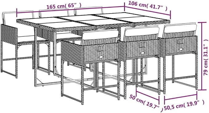 7 pcs Set Patio Dining Set & Balcony Furniture Gray Poly Rattan Outdoor Furniture Set Garden Dining Set for Lawn Backyard Front Porch 65 x 41.7 x 28.7 in