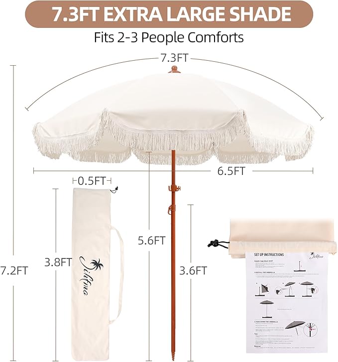 Jihfmo 7.3ft Boho Beach Umbrella with Integrated Sand Anchor & Reinforced 8mm Ribs – Heavy Duty Windproof Fringe Patio Umbrella, UPF 50+ Sun Shade with Tilt Mechanism & Carry Bag for Outdoor, Garden, Seaside (Cream/White)