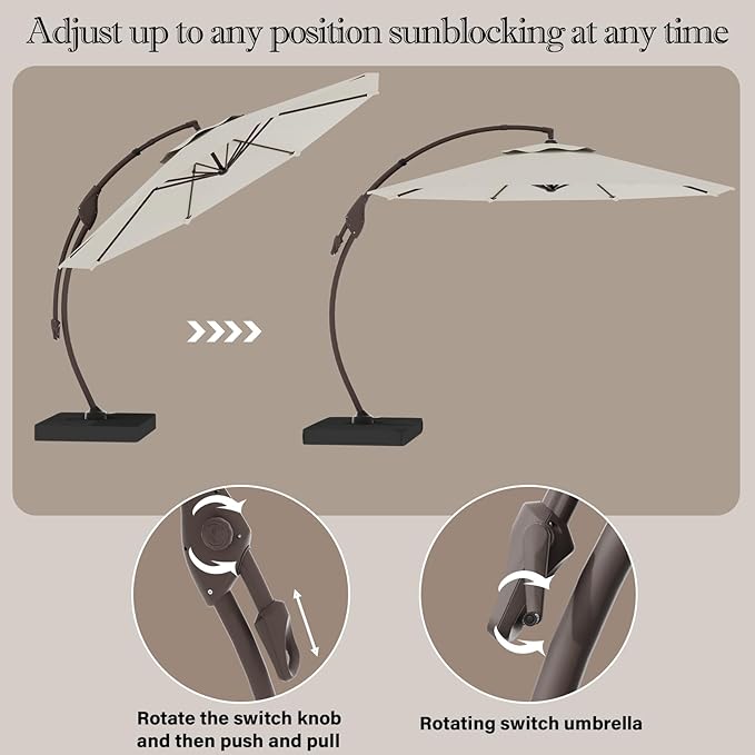 Cantilever Umbrella with Heavy-Duty Base, Outdoor Large Round Aluminum Offset Umbrella for Patio Garden Backyard, UV-Resistant Waterproof Canopy, 360° Rotation & Tilt Adjustment