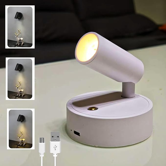 Spot Lights Indoor, Rechargeable Plant Spotlight Indoor, 360° Rotate Wireless LED Uplighting, Battery Powered Ceiling Spotlight for Artwork Painting Tree Plant Picture Lights Wall Light (White)