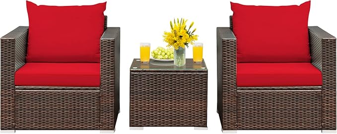 Patio Conversation Set Outdoor, 3-Piece Rattan Wicker Furniture Set with Water-Resistant Cushion & Tempered Glass Tabletop, Patio Furniture Set for Balcony, Porch, Poolside (Red)