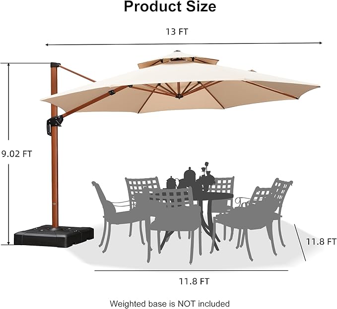 PURPLE LEAF 13ft Patio Umbrella Outdoor Round Umbrellas Large Cantilever Umbrella Windproof Offset Umbrellas Heavy Duty Sun Umbrella for Garden Deck Pool Patio, Beige