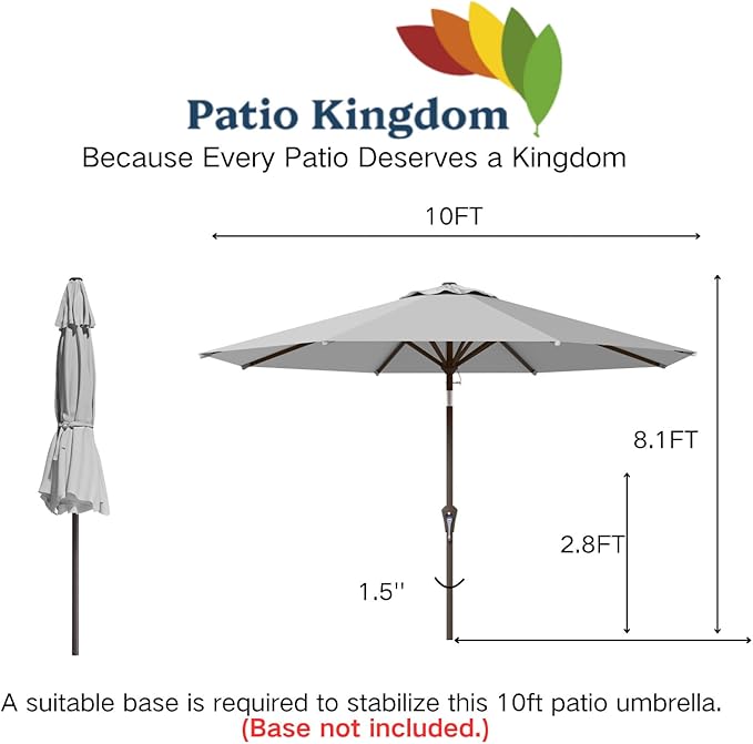 10FT Patio Umbrella Outdoor Market Umbrella with Crank and Tilt, 8 Flexible Fiberglass Ribs, UV-Resistant Waterproof Canopy for Patio, Deck, Garden, Backyard, Light Gray