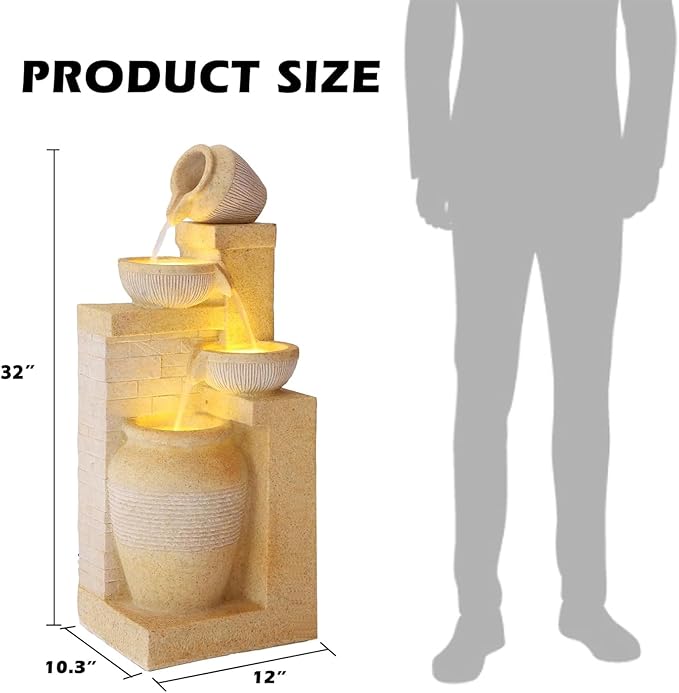 4-Tier Outdoor Indoor Water Feature Fountain, 32" H Indoor Cascading Waterfall with 3 LED Lights, Floor Standing Garden Fountain for Garden, Deck, Backyard, Patio, Yard (Yellow)