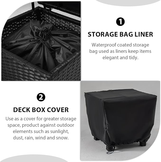 Sundale Outdoor Small Deck Storage Box with Lid, 13 Gallon Small Outdoor Bin Storage Container for Hose Cushions Towels, Patio Black Side Wicker Table with Storage-Steel, Rattan, Square