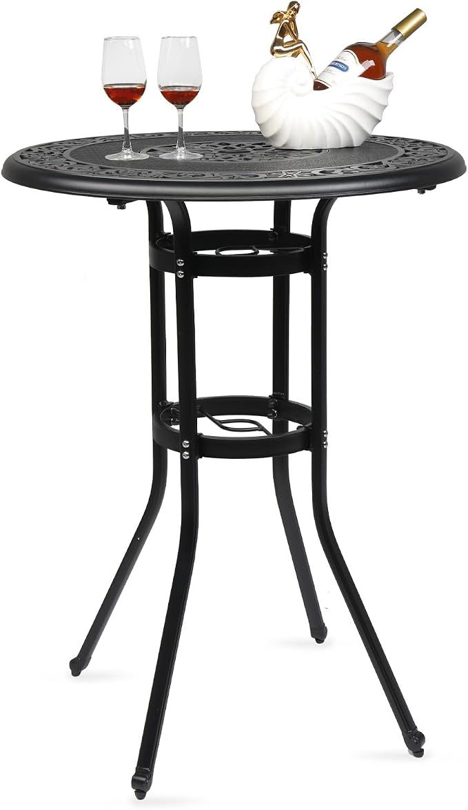 Outdoor Patio Cast Aluminum Round Bar Table,Outdoor Bar Table, Bar Height Patio Table with Umbrella Hole Patio Dining Table, Cast Aluminum Tall Outdoor Table Bistro Table Outdoor Furniture Garden Tabl
