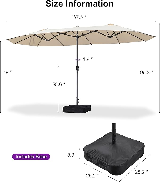 PURPLE LEAF 14ft Patio Market Umbrella with Base Double-Sided Rectangle Outdoor Table Sun Umbrellas with Crank 12 Heavy Duty Sturdy Ribs for Pool Beach Deck Backyard Khaki