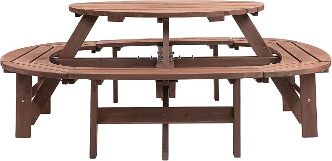 Henf 10-12 Person Wood Picnic Tables for Outdoors,Round Picnic Table with Umbrella Hole,Ring Built-in Benches,Patio Table and Bench Set for Garden,Patio, Backyard,2220LBS Total Capacity,Walnut Brown