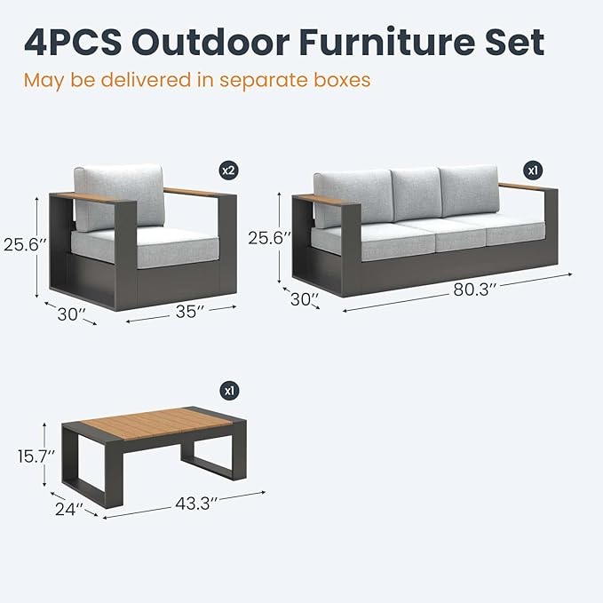 Aluminum Patio Furniture Set, 5 Seats Luxury Seating Furniture with Coffee Table, All Weather Outdoor Conversation Sets with 6" Thickened Cushions