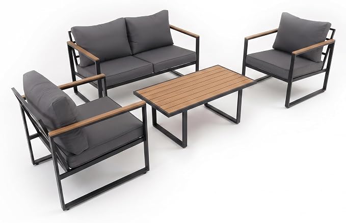 Modern Patio Furniture Set, 4 Pieces Outdoor Conversation Set with Coffee Table, Metal Patio Furniture with 4" Washable Foam Cushions, Ships in 1 Box, Gray