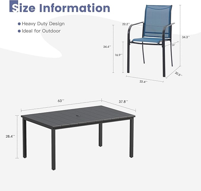 VICLLAX 7 Pieces Patio Dining Set, Patio Furniture Set of 6 Patio Stackable Dining Chairs and Outdoor Metal Table with Umbrella Hole for Backyard Lawn Garden, Blue Chairs and Black Table