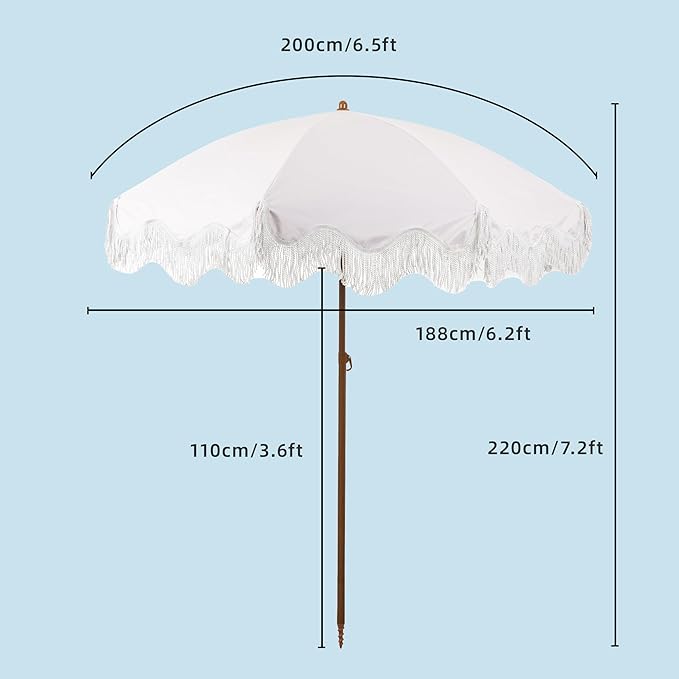 Rayjee 6.5FT Patio Umbrella with Fringe, UV Protection Beach Umbrella with Tilt & Adjustable Height, Includes Carry Bag & Ground Stake, Outdoor Umbrella for Pool, Garden, Backyard