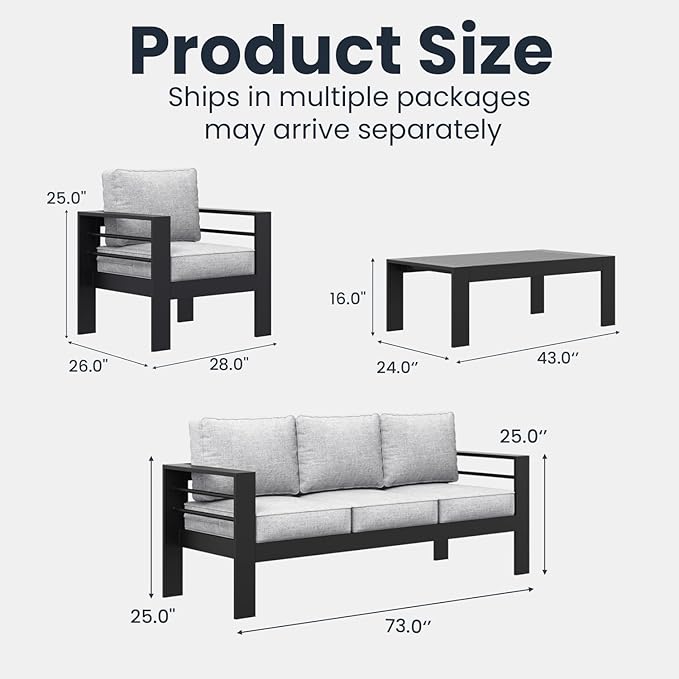 4 Pieces Modern Aluminum Patio Furniture Set, Outdoor Conversation Sets Metal Sectional Sofa with Coffee Table