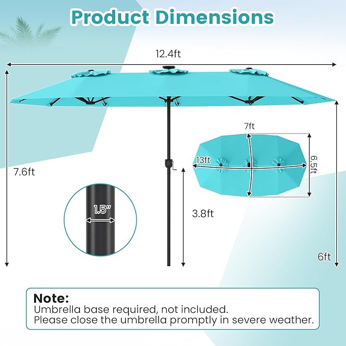 Tangkula 13 Ft Solar Patio Umbrella, Double-Sided Extra Large Outdoor Market Table Umbrella with Multi-Colored Flowing LED Lights, Crank Handle, 12 Sturdy Ribs for Poolside, Garden & Backyard (Turquoise)