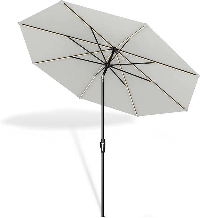 Midtown Umbrellas The LED Swilt 10 Feet Patio Umbrella With Terylast Off Cream (Off White) Polyester Fabric - Auto-Tilt Aluminum Frame With LED Lights For Backyard, Deck, Garden, Pool - Black Pole