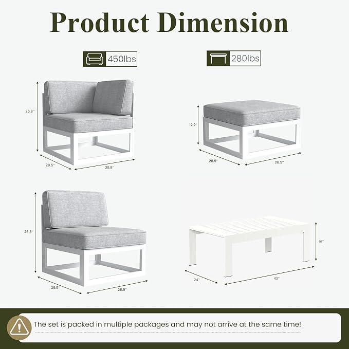 LayinSun 9 Pieces Modern Aluminum Patio Furniture Set with Coffee Table, Outdoor Modular Sectional Conversation Set L-Shaped Sofa for Backyard
