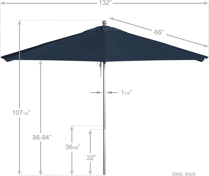 California Umbrella 11Ft Commercial Grade Sunbrella Fabric Market Umbrella, Pulley Lift, Aluminum/Fiberglass, 2mm pole wall, Silver Frame, Regatta Fabric
