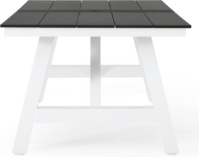 Costaelm Rectangle Patio Table, 8-Person Backyard Table 90" HDPE Dining Table with Umbrella Hole and Metal Frame for Outside, Garden, Poolside, Deck, Porch, Balcony, Gray