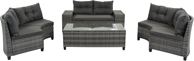 8 Piece Outdoor Wicker Round Sofa Set, Half-Moon Sectional Set with Tempered Glass Top Rectangular Coffee Table, Curved Patio Conversation Seating Set for Porch Backyard, Grey