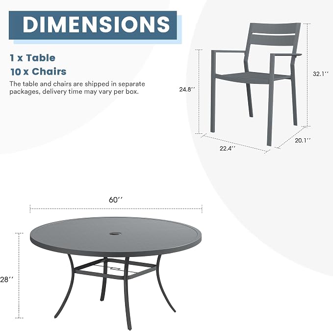 DIFY 11 Piece Outdoor Patio Dining Set for 10, Patio Table and Chairs Set with Umbrella Hole, 60" Round Dining Table and Stackable Metal Chairs for Backyard Garden Poolside, Grey
