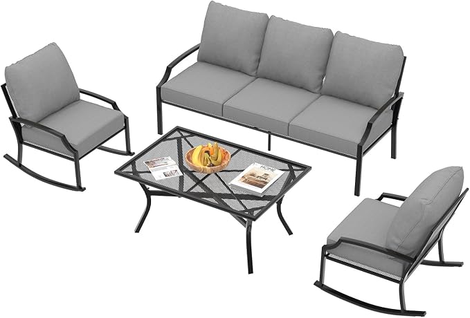 AECOJOY Patio Furniture Set, 4-Piece Metal Mesh Rocking Set, Light Gray | Rust-Resistant Steel Frame, Breathable Mesh, 5" Cushions, 28D High-Density Sponge, for Porch, Deck, Backyard and Garden