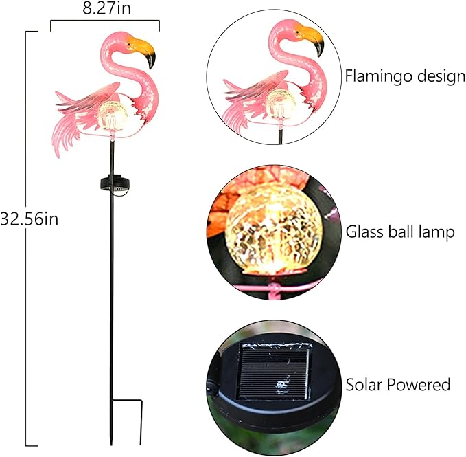 Pink Flamingo Lawn Light Garden Decor Solar Lights, for Yard Outdoor Decorations Ground Inserted Outdoor Waterproof Garden Lamp with Crackle Glass Ball LED (Warm White)