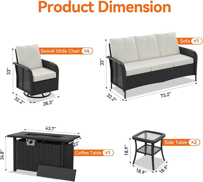 Aoxun Luxury 8-Piece Patio Furniture Set with 44'' Fire Pit Table, Wicker Rattan Sofa with Thick Cushion, Outdoor Conversation Set for Backyard, Poolside & Garden, Black/Beige