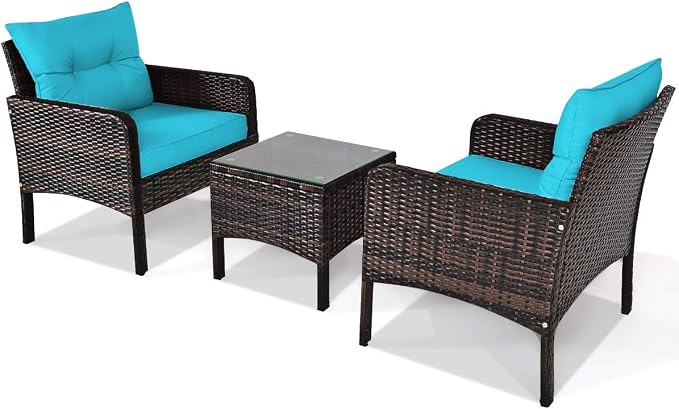 Tangkula 3 Piece Wicker Chairs with Glass Top Coffee Table, Thick Cushions, All Weather Garden Lawn Poolside Backyard Porch Outdoor Patio Furniture Set for 2 (Turquoise)