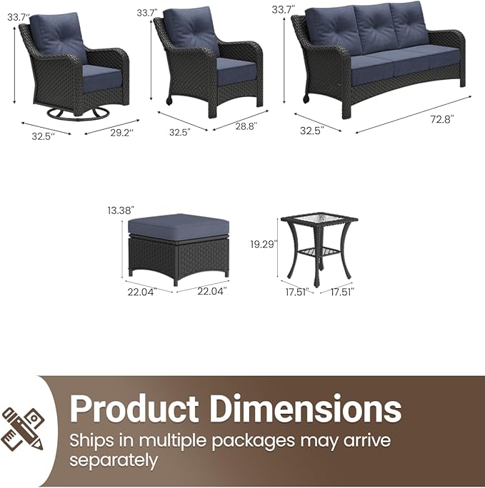 9 Pieces Outdoor Furniture Set with 6-inch Cushions, High Back Wicker Swivel Rocker Chairs with Coffee Table, Luxury Conversation Set for Deck Patio and Poolside