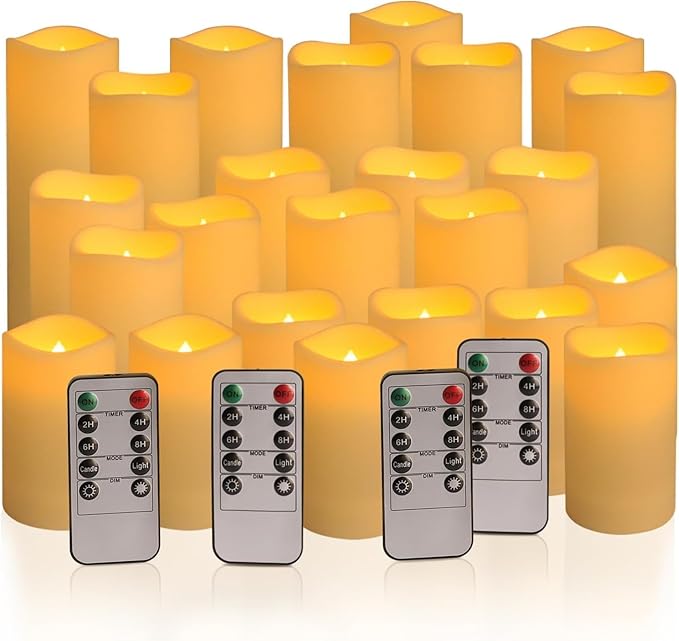 YOROXRG Set of 24 Waterproof Outdoor Flameless Candles, LED Candles with 4 Remote and Timer,(H 4" 5" 6" x D 2.2"),for Halloween Wedding Festiv