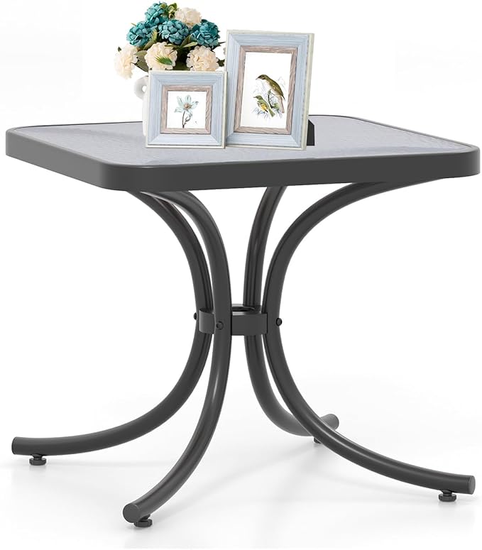 HAPPYGRILL Outdoor Side Table Set of 2, Square Patio End Table with Tempered Glass Top, 20" Bistro Table with Metal Frame, Small Compact Coffee Table for Garden Backyard Poolside