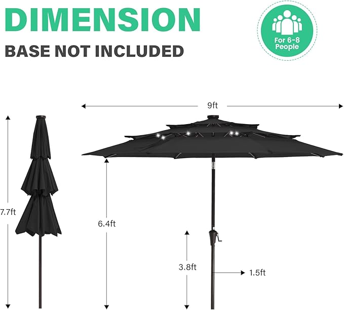 JEAREY 3 Tiers Patio Umbrella with Solar Lights 9ft Outdoor Market Table Umbrellas with Push Button Tilt for Outside Pool Garden, Black