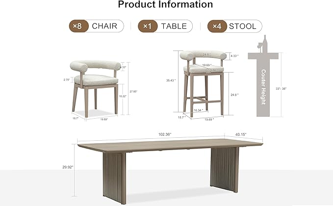 PURPLE LEAF Patio Dining Set 9 Pieces Luxury Modern Conversation Set with Counter Stools Aluminum Large Rectangle Dining Table and Chairs with Olefin Cushion Outdoor Furniture Set for Garden Deck