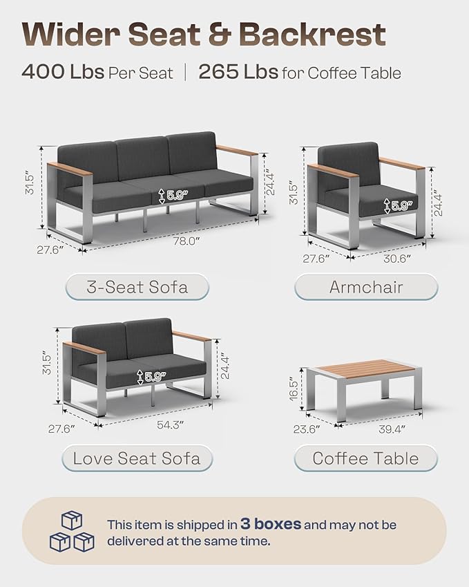 Aluminum Patio Furniture Set, 5 Seats Outdoor Patio Conversation Sets with Ergonomic Seat and Wide Washable Thick Cushions, Modern Outdoor Sectional Furniture for Balcony, Porch
