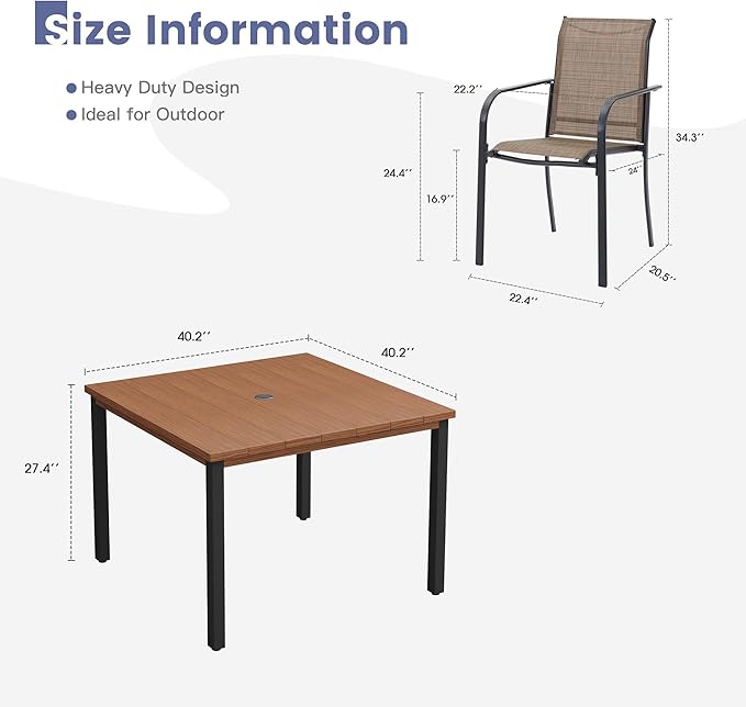VICLLAX 5 Pieces Patio Dining Set, Patio Furniture Set of 4 Patio Stackable Dining Chairs and Outdoor Metal Square Table with Umbrella Hole for Backyard Lawn Garden, Brown Chairs and Walnut Table