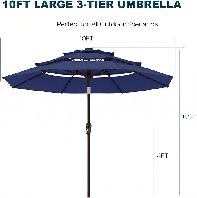 10ft Patio Umbrella, 3 Tier Outdoor Market Table Umbrellas with 8 Fiberglass Ribs and Push Button Tilt, Windproof, Vented Canopy, UV Protection for Deck, Pool, Backyard