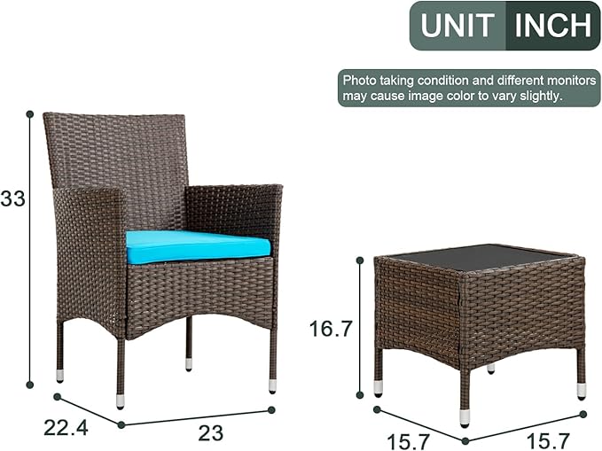 Outdoor Patio Furniture Set,3 Pieces Wicker Bistro Set Outdoor Patio Set Rattan Chair Conversation Sets Patio Sofa Wicker Table Set for Yard Backyard Lawn Porch Poolside Balcony,Blue Cushion
