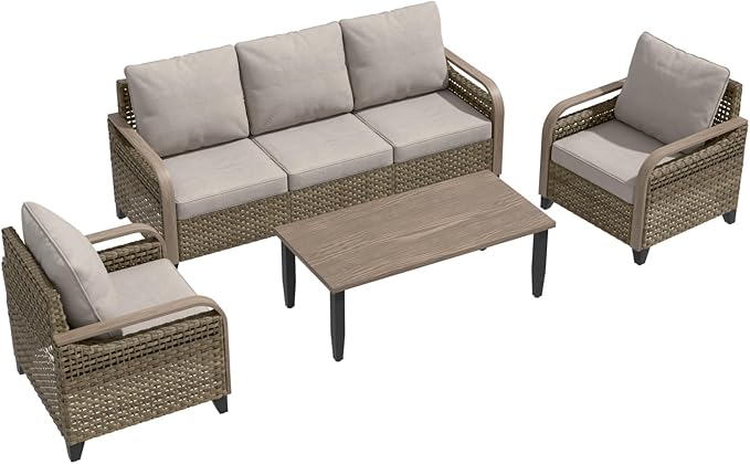 Modern Wicker Patio Furniture Set, Rattan Outdoor Conversation Set with Comfortable Cushions, 2 Patio Chairs, 3 Seat Couch and Coffee Table, 4 Pieces, Brown/Gray