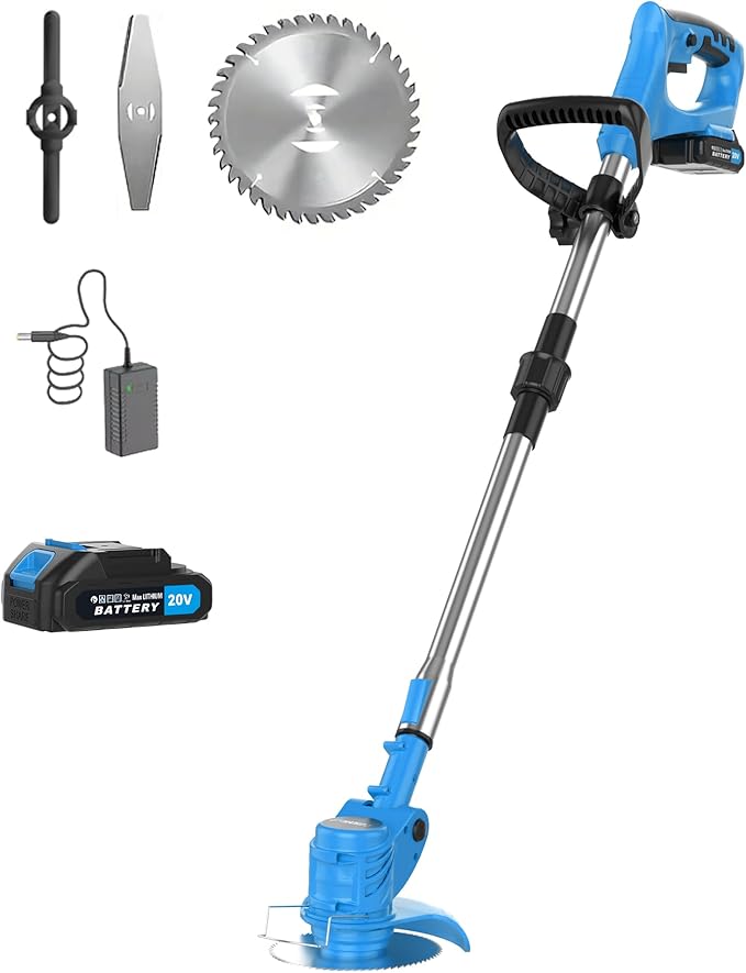 3-in-1 Cordless Weed Trimmer & Lawn Mower – Electric Trimmer, Edger, and Brush Cutter with Adjustable Height and Rotating Head (Blue)