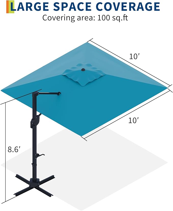 Garvee 10' x 10' Heavy Duty Square Cantilever Umbrella, Aluminum Offset Outdoor Patio Umbrella with 360-Degree Rotation for Backyard, Deck, Pool