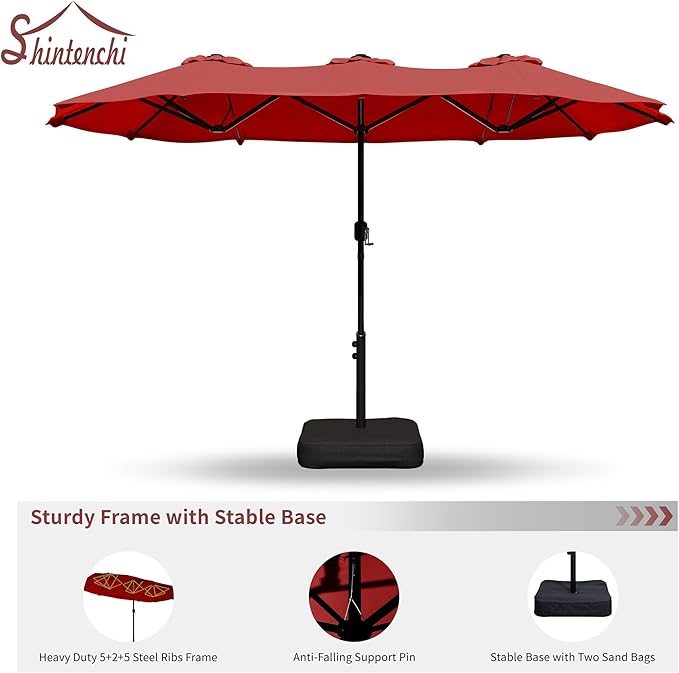 Shintenchi 13FT Large Patio Umbrella with Base Included, Outdoor Double-Sided Rectangular Shade with Crank Handle for Poolside Lawn, Deck & Garden, Red