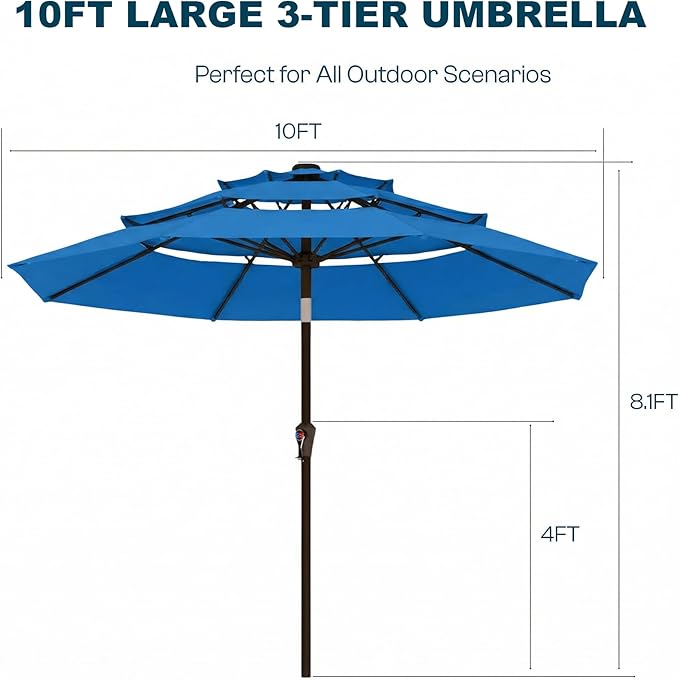 10ft Patio Umbrella, 3 Tier Outdoor Market Table Umbrellas with 8 Fiberglass Ribs and Push Button Tilt, Windproof, Vented Canopy, UV Protection for Deck, Pool, Backyard
