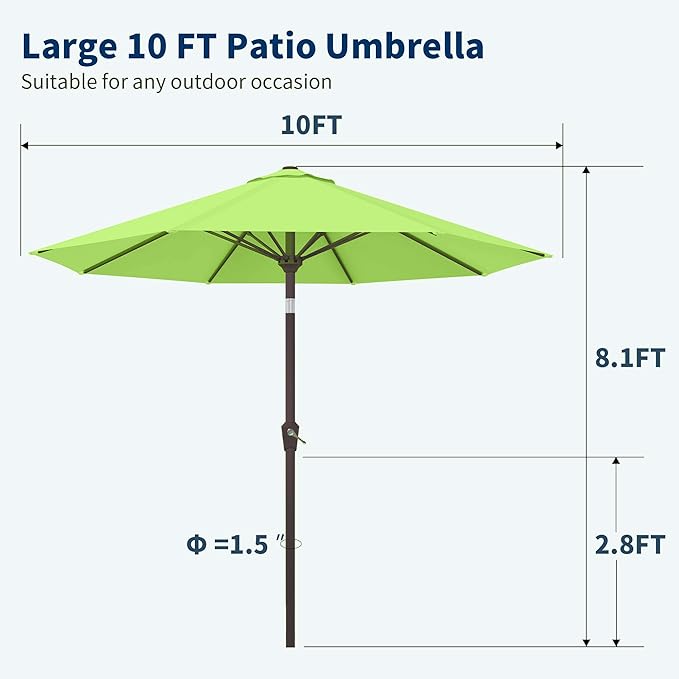PatioKingdom Patio Umbrella with Push Button Tilt and Crank, Outdoor Market Umbrella with 8 Fiberglass Ribs, UV Protection Table Umbrella for Pool,Backyard,Garden,Deck (Apple Green, 10FT)